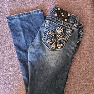 Miss Me Women's Denim Boot Cut Jeans with Fleur-de-Lis Design